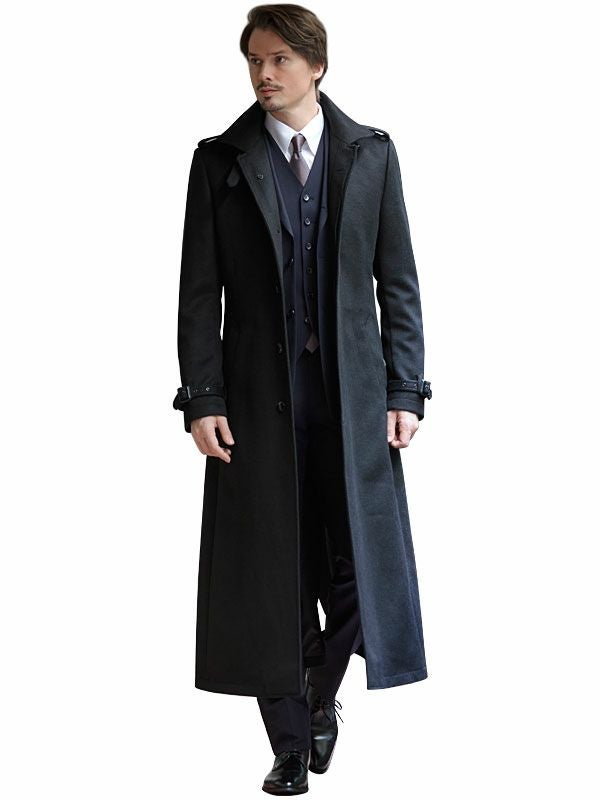 TRANSIT PAR SUCH ウールロングコート 黒 異素材 イタリア製 カシミヤ混ウール素材】スリム ロングコート メンズ（超ロング メンズ
